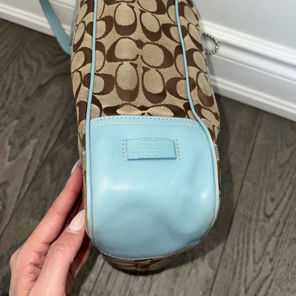 🩵 Coach Brown Signature Tote with Light Blue Trim - Picture 6 of 13